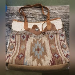 Real Cowhide Myra Western Boho Crossbody Leather Canvas Tapestry Travel